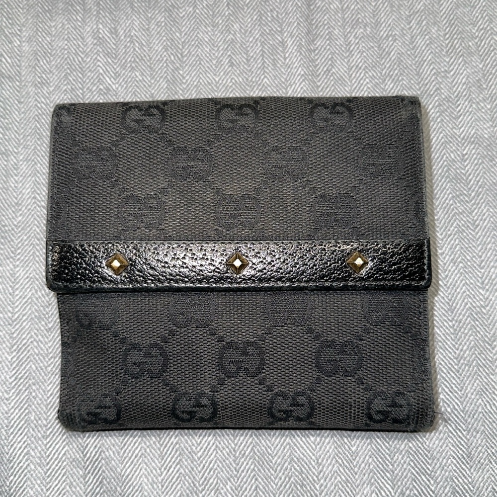 Vintage Gucci Black Studded GG Canvas and Leather Mini French Wallet